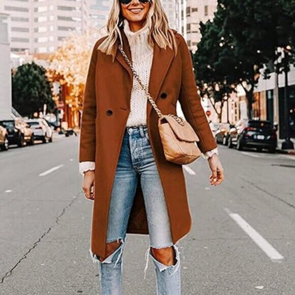 Rust Brown Casual Women's Coat Double Breasted Blend Mid Long Pea Coat - Picture 1 of 3